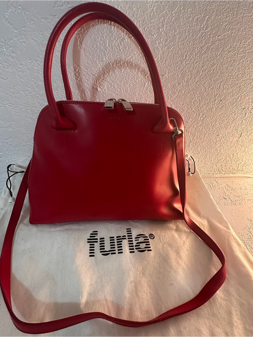 Furla Red Leather Dome Satchel with Detachable Strap